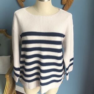 Nautical beige & navy striped 3/4 sleeves crew neck oversized sweater, coastal
